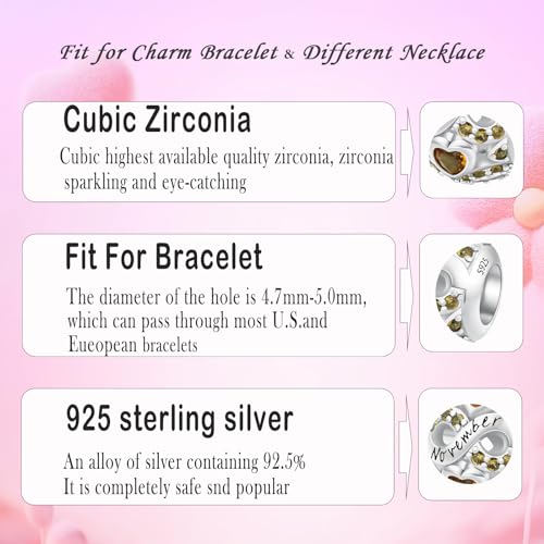 MICOO 925 Sterling Silver Jan-Dec Birthstone Charms For Bracelets and Necklaces, Original DIY Bead Charms With Cubic Zirconias Jewelry Birthday Gifts For Women. - color: 92-11Nov Birthstone charm
