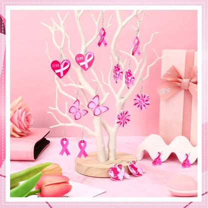 8 Pairs Breast Cancer Awareness Acrylic Earring for Women | Pink Ribbon Dangle Earrings, Breast Cancer Awareness Jewelry Gifts Activities Accessories, Lightweight Acrylic, Double Side - style: Breast Cancer Awareness