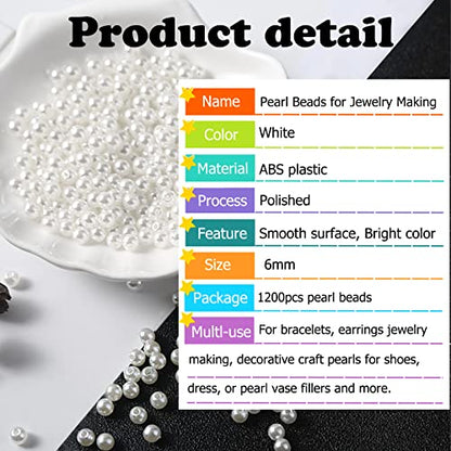 1200pcs Pearl Beads for Jewelry Making, 6mm Round Loose Pearls Beads with Hole, Bracelet Pearls for Crafts, White Pearls for Jewelry Making - size: 6mm