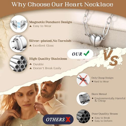 Magnetic Heart Necklaces for Women : 14K Gold Plated 316L Surgical Stainless Steel Heart Necklace Dainty Adjustable Paperclip Chain Pendant Necklace Jewelry Gifts Trendy Non Tarnish - color: Silver