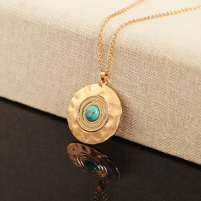 Aobei Pearl 18K Gold Plated Pendant Necklace for Women Dainty Gold Chain Choker Love Heart Disc Coin Pearl Cross Toggle Jewelry - style: Turquoise Hammered Coin