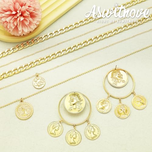 2 Pcs Layered Golden Pirate Necklace Earrings for Women Chunky Chain Layered Necklace Boho Gypsy Hoop Earrings Punk Grunge 80s 90s Coin Pendant Jewelry Halloween Pirate Costume Accessories - color: Big Golden Coin