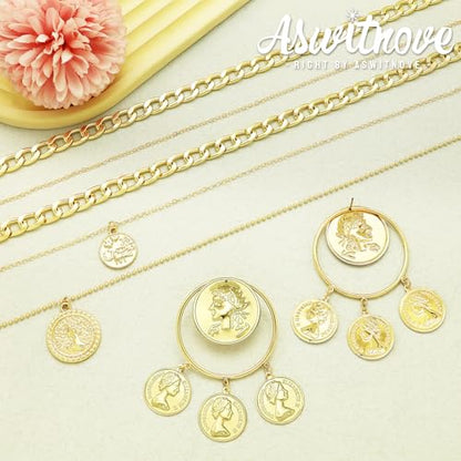 2 Pcs Layered Golden Pirate Necklace Earrings for Women Chunky Chain Layered Necklace Boho Gypsy Hoop Earrings Punk Grunge 80s 90s Coin Pendant Jewelry Halloween Pirate Costume Accessories - color: Big Golden Coin