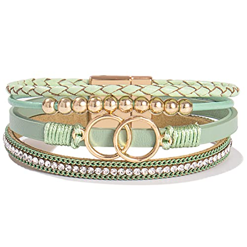 Chunky Boho Leather Wrap Bracelets Cowgirl Beaded Circle Western Jewelry | Stackable Infinity Layered Bohemian Magnetic Clasp Cuff Statement Fashion Colorful Country Hippie Outfits for Women Trendy - color: Avocado