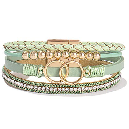 Chunky Boho Leather Wrap Bracelets Cowgirl Beaded Circle Western Jewelry | Stackable Infinity Layered Bohemian Magnetic Clasp Cuff Statement Fashion Colorful Country Hippie Outfits for Women Trendy - color: Avocado