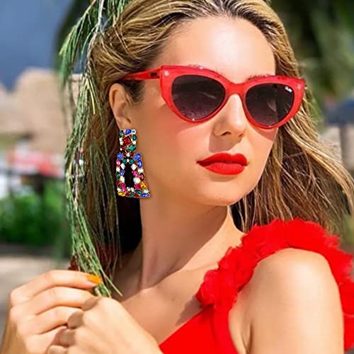 Flyonce Rectangle Clip-on Drop Earrings for Women, Sparkly Rhinestone Crystal Geometric Statement Non Pierced Earring Wedding Prom Party Jewelry for Brides Bridesmaid - color: Colorful