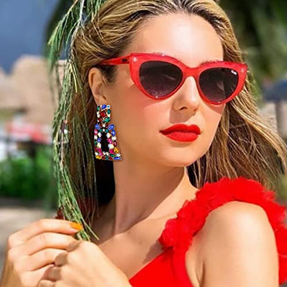 Flyonce Rectangle Clip-on Drop Earrings for Women, Sparkly Rhinestone Crystal Geometric Statement Non Pierced Earring Wedding Prom Party Jewelry for Brides Bridesmaid - color: Colorful