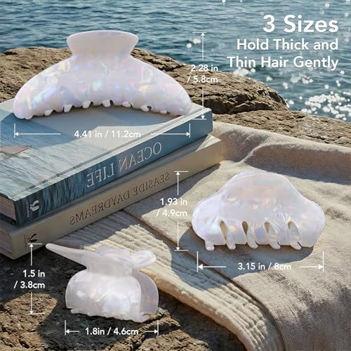 White Jelly Hair Clips 3-Pack, Large Medium & Small Claw Clips for Women, 4.5, 3.1 & 1.8 Inch Sparkly Jelly Clips for Thick and Thin Hair, Strong Hold Hair Accessories Gift Set | 3 Sizes