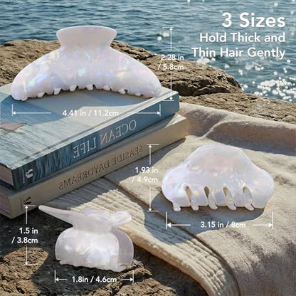 White Jelly Hair Clips 3-Pack, Large Medium & Small Claw Clips for Women, 4.5, 3.1 & 1.8 Inch Sparkly Jelly Clips for Thick and Thin Hair, Strong Hold Hair Accessories Gift Set | 3 Sizes