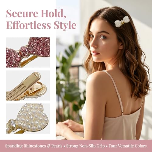 10PCS Cute Bow Hair Clips for Women Girls,Pearl & Rhinestone Bow Barrettes, Sweet Heart Shape Hair Pins,Sparkly Glitter Hair Accessories for Wedding Party Daily Wear