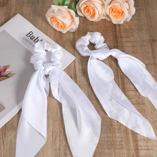 Mabor 2 Pcs Knotted Bow Satin Hair Scrunchie Hair Tie with Bow Hair Scarf with Tail Hair Scrunchies Elastic Hair Scarf Ponytail Holder for Women and Girls,White