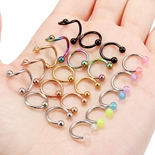 16G Spiral Lip Rings Hoops 316L Surgical Steel Cartilage Helix Tragus Earring Lip Eyebrow Labret Septum Smiley Rings Hoop Piercing Jewelry 8mm 10mm - color: G:20pcs 8MM Mix Color