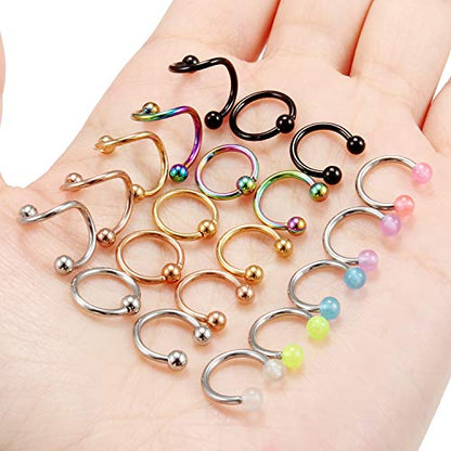 16G Spiral Lip Rings Hoops 316L Surgical Steel Cartilage Helix Tragus Earring Lip Eyebrow Labret Septum Smiley Rings Hoop Piercing Jewelry 8mm 10mm - color: G:20pcs 8MM Mix Color