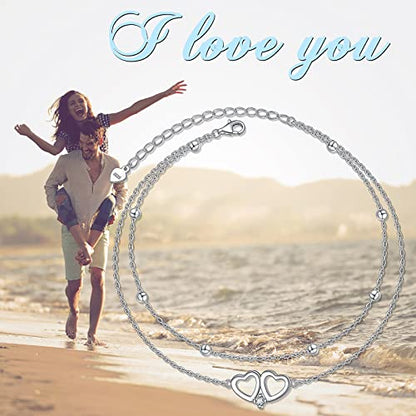 Anklet for Women 925 Sterling Silver Foot Adjustable Ankle Bracelet Jewelry - style: Layered Heart