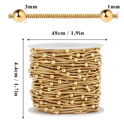33FT 1mm Gold Snake Chain Roll Gold Satellite Chain Bulk for Jewelry Making | 18K Gold Plated Stainless Steel Beaded Round Snake Chain Spool for DIY Craft Necklace - color: Big Beads Gold Satellite Snake Chains