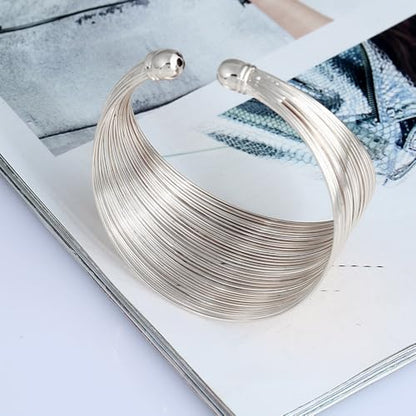 Layered Wire Open Cuff Bracelets for Women Chunky Gold Stacking Statement Bracelets Geometric Lines Minimalist Bangle Trendy Party Wrist Jewelry Gifts - color: Silver