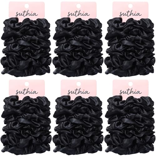 Satin Scrunchies for Women, Girls and Kids 60 Bulk Pack, Black Hair Scrunchie Hair Ties Silk Scrunchy Soft Silky Ponytail Holders for Thick, Curly, Medium, Thin, Fine Hair, No Damage & Non Slip