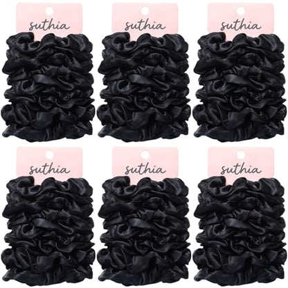Satin Scrunchies for Women, Girls and Kids 60 Bulk Pack, Black Hair Scrunchie Hair Ties Silk Scrunchy Soft Silky Ponytail Holders for Thick, Curly, Medium, Thin, Fine Hair, No Damage & Non Slip