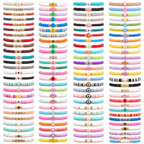 gisgfim 112 Pcs Beaded Friendship Bracelets Bulk Surfer Heishi Clay Stretch Y2K Bracelets Colorful Cute Boho Stackable BFF Bestie Inspirational Jewelry for Women Summer Beach Party Favors Style - style: Colorful