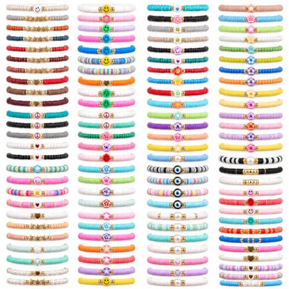gisgfim 112 Pcs Beaded Friendship Bracelets Bulk Surfer Heishi Clay Stretch Y2K Bracelets Colorful Cute Boho Stackable BFF Bestie Inspirational Jewelry for Women Summer Beach Party Favors Style - style: Colorful