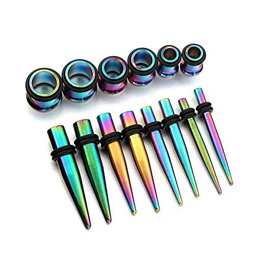 vcmart 14G-00G 36 pcs Ear Gauges Stretching Kit Tapers Plugs Eyelets Implant Grade Steel - color: Rainbow