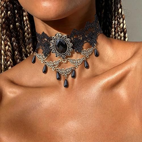 Black Necklaces for Women,Adjustable Layered Collar,Goth Jewelry - color: Gem