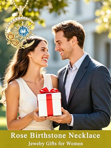 Midari 18K Yellow Gold Sun Moon Star Pendant Rose Flower Necklaces I Love You Forever Sun Moon Jewelry Gift for Mother Women - color: 03-Mar-Aquamarine, style: Sun&Moon