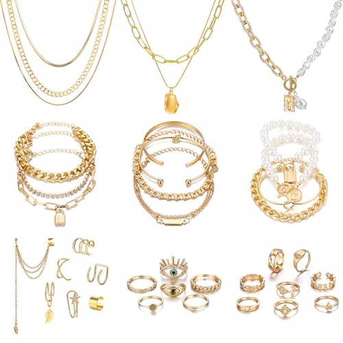 IFKM Gold Plated Jewelry Set for Women,14k Gold Plated Multi Layer Necklaces Stackable Bangle Bracelets Stackable Knuckle Rings Hoop Earrings Set Anniversary Trendy Elegance Charms Anniversary Birthday Jewelry Gift - color: 36 pcs Gold