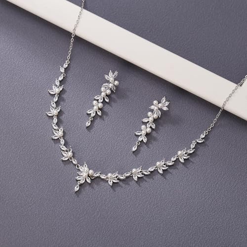 EleQueen Women's Simulated Pearl Wedding Jewelry Set for Brides | Cubic Zirconia Necklace Earrings Bracelet Set for Brides Bridesmaids, Bridal Jewelry Set for Anniversary/Memorial Day - style: Pearl Necklace Earrings Set Silver-Tone