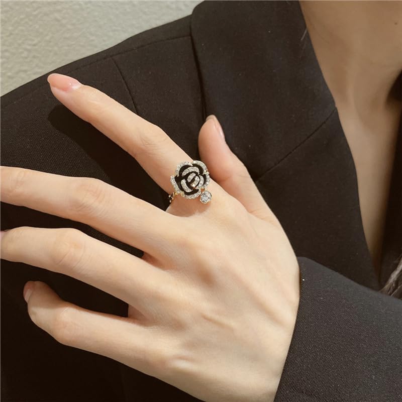 Flower Open Statement Rings for Women, Exquisite Cubic Zirconia Sterling Silver Stacking Ring Adjustable Open Ring,Fashion Jewelry Gifts,Suitable For Women Daily and Wedding Wear, Gifts For Your Wife - color: Black