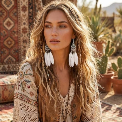 FRESHME Feather Earrings for Women - Native American Jewelry Boho Dangle Ethnic Indian Ear Drop for Music Festival Birthday - color: White