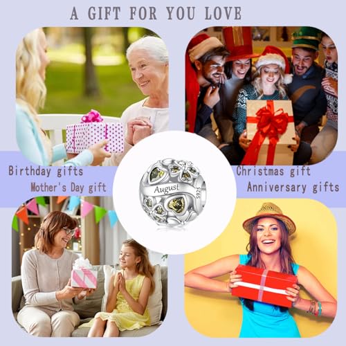 LNQOBU 925 Sterling Silve Lucky Birthstone Charm for Bracelets, With 5A Cubic Zirconia Birthday Charms Dangle Pendant Bead for Pandora Bracelets and Necklaces - color: H1-August