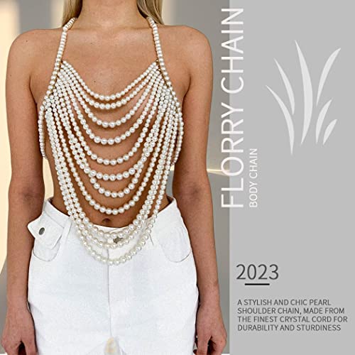 Florry Pearl Body Chain Shoulder Necklace Top Body Jewelry for Women Fashion Bra Chains for Wedding Party