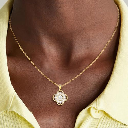 14K Gold Plated | 14K Platinum Plated Necklace for Women Necklace Earrings Set with Sparkling Zircon Inlay and Silver Post Earrings - color: Pearl flower gold suit