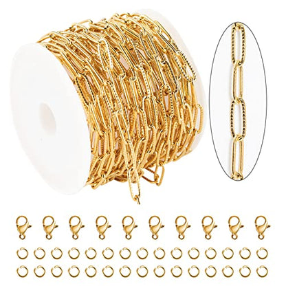 KYUNHOO 5M Gold Plated Stainless Steel Paperclip Chain for Jewelry Making | 12mm Paper Clip Link Chain Spool Embossed Jewelry Chains for Crafts with Lobster Clasps Jump Rings Accessories - color: Embossed Paperclip Gold
