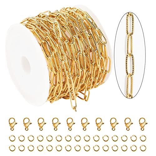 KYUNHOO 5M Gold Plated Stainless Steel Paperclip Chain for Jewelry Making | 12mm Paper Clip Link Chain Spool Embossed Jewelry Chains for Crafts with Lobster Clasps Jump Rings Accessories - color: Embossed Paperclip Gold