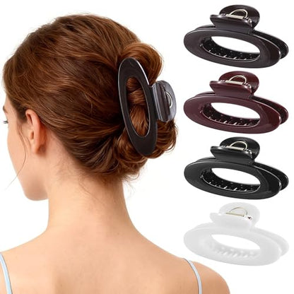 4 Pack Oval Hair Clip, 4.7" Large Durable Trendy Hair Claw Clip with Bead & Butterfly Spring, Premium PC Material Cozy Fashion Hair Claw for Thick Hair, Gift Set for Women Girls, Daily Wear - color: Classic Color 3: Black, White, Wine Red and Chocolate Br