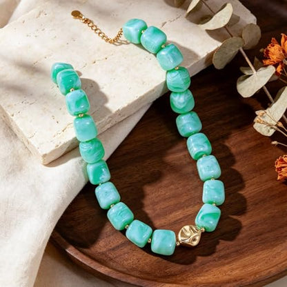 Beaded Necklaces for Women Boho Chunky Necklace Statement Big Resin Bead Choker Fashion Summer Beach Jewelry - color: Lake Blue