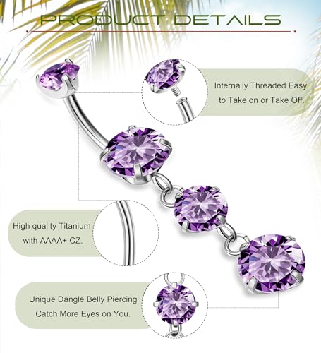 G23 Titanium Dangle Belly Button Rings for Women Dangling Navel Rings CZ Belly Rings Curved Barbell Internally Threaded Belly Piercing Jewelry - color: Purple