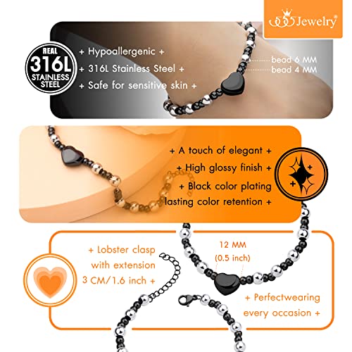 555Jewelry Stainless Steel Beads & Puffed Heart Charm Bracelet for Women & Ladies - color: Silver/Black