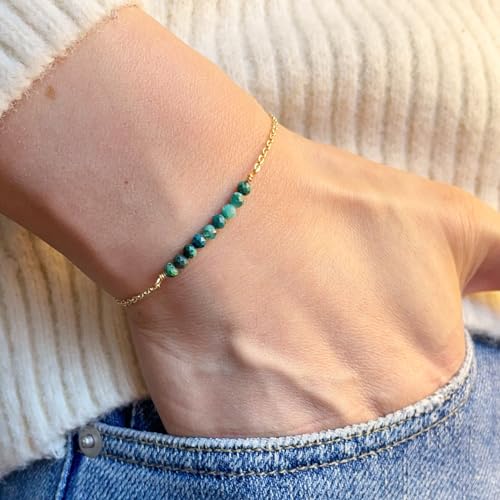 Womens Dainty Gold Chain Bracelet,Simple Layered Chain Bracelets,Beaded Turquoise Bracelet,Charm Crystal Bar,Heart,Karma,Triangle,Pearl Bracelets for Women - color: Turquoise Bar