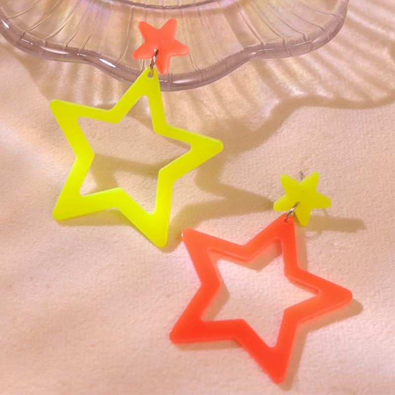 Colorful 80s 90s Neon Star Earrings for Women Retro Glow Party Costume 80s 90s Acrylic Dangle Earrings Outfit - style: Exchange Orange and Yellow