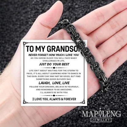 Grandson Gifts from Grandma Grandpa, Black Stainless Steel Bracelet with Meaningful Message Card, Birthday Gift for Grandson, Graduation Christmas Gift, Inspirational Keepsake Jewelry for Men - color: Grandson #4