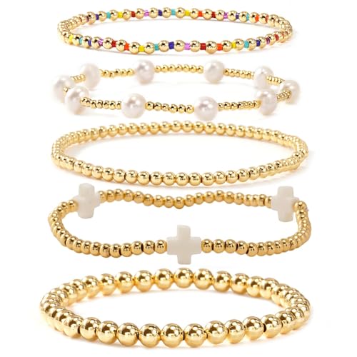 Gold Beaded Bracelets Stack for Women Stackable 14K Gold Plated Beads Ball Cross Bracelet Boho Christian Jewelry Faith Friendship Birthday Gifts for Women - color: White-2
