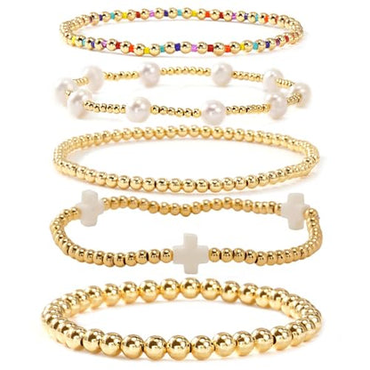Gold Beaded Bracelets Stack for Women Stackable 14K Gold Plated Beads Ball Cross Bracelet Boho Christian Jewelry Faith Friendship Birthday Gifts for Women - color: White-2