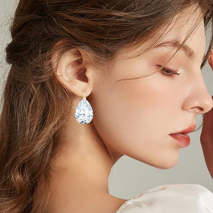 14K Gold Teardrop Crystal Leverback Earrings Sparkly Rhinestone Water Droplet Dangle Drop Earrings For Women - color: White