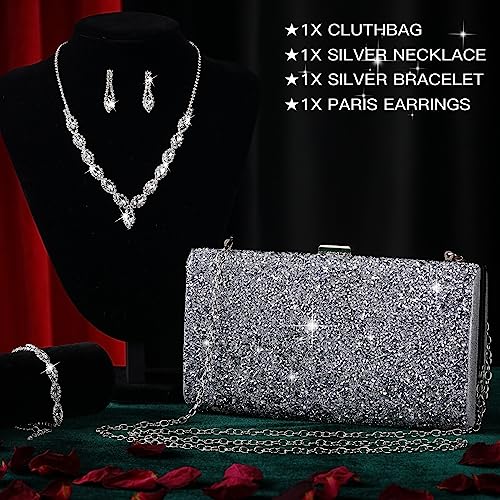 Mixweer 4 Pieces Clutch Purses Bag for Women Evening Rhinestone Jewelry Set Bling Necklace Earrings Bracelets Set for Wedding - style: Graceful Style