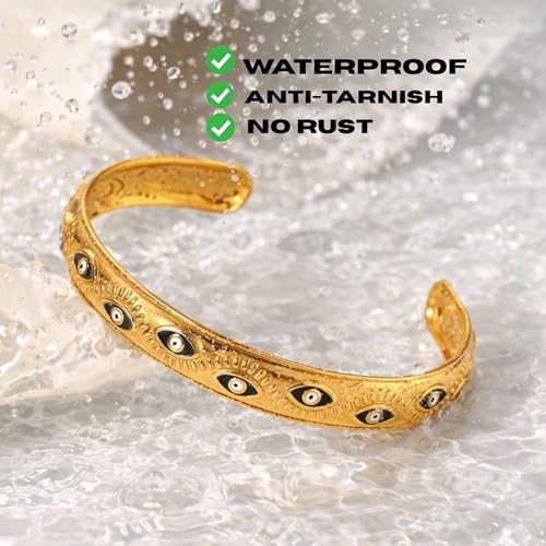 Evil Eye Cuff Bracelet for Women - 18K Gold Plated Enamel Adjustable Open Eye Bangle - Protection Jewelry - Boho Waterproof Anti-tarnish Bracelet Gift