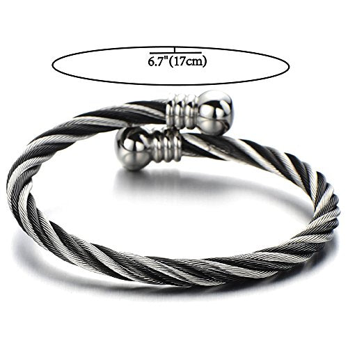 COOLSTEELANDBEYOND Elastic Adjustable Steel Twisted Cable Cuff Bangle Bracelet for Mens for Women - color: D-Metal Color: Silver & Black