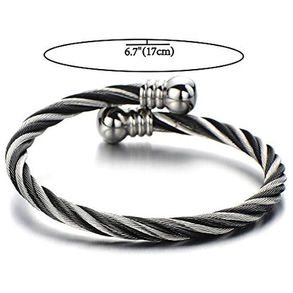 COOLSTEELANDBEYOND Elastic Adjustable Steel Twisted Cable Cuff Bangle Bracelet for Mens for Women - color: D-Metal Color: Silver & Black